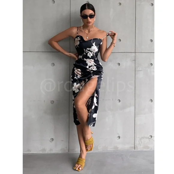 Floral Print Cowl Neckline Cami Satin Midi Dress Black  Leg Slit - Picture 4 of 8